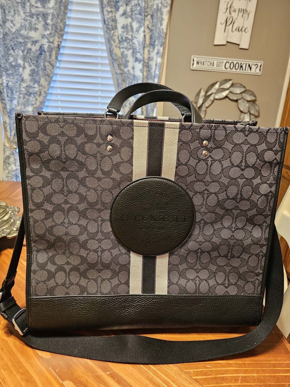Coach Women’s Signature Canvas Tote in Charcoal with Black Trim - Picture 1 of 7